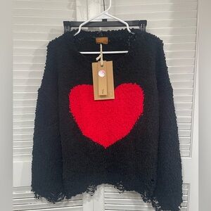 POL Black Distressed Sweater with Vibrant Red Heart